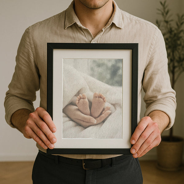 Mann mit Leinwandbild Baby und Bilderrahmen Memary